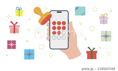 手に持ったスマートフォンのメンバーズアプリ スタンプカード プレゼントのアイコンセット 138002599