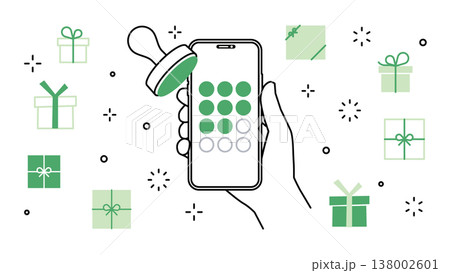 手に持ったスマートフォンのメンバーズアプリ スタンプカード プレゼントのアイコンセット 手に持ったスマートフォンのメンバーズアプリ スタンプカード プレゼントのアイコンセット 138002601