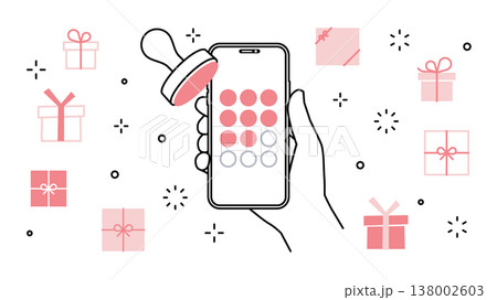 手に持ったスマートフォンのメンバーズアプリ スタンプカード プレゼントのアイコンセット 138002603