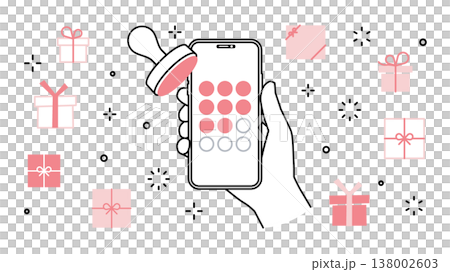 手に持ったスマートフォンのメンバーズアプリ スタンプカード プレゼントのアイコンセット 138002603