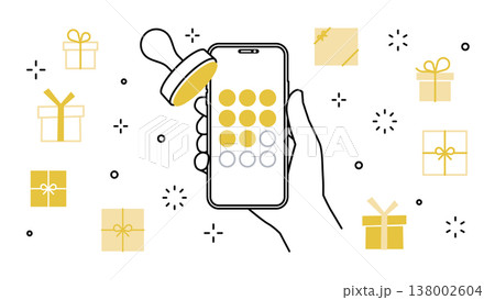 手に持ったスマートフォンのメンバーズアプリ スタンプカード プレゼントのアイコンセット 138002604