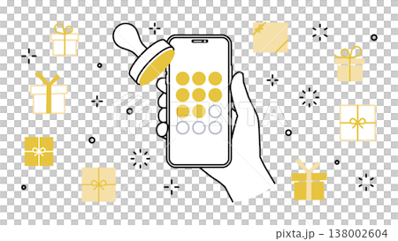 手に持ったスマートフォンのメンバーズアプリ スタンプカード プレゼントのアイコンセット 138002604