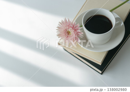 白いカップのホットコーヒーと本とピンクの花 日差しの入る朝のリラックスタイム コピースペースあり 白いカップのホットコーヒーと本とピンクの花 日差しの入る朝のリラックスタイム コピースペースあり 138002980