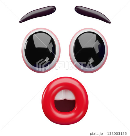 Cartoon stunned face expression realistic vector 3D design, surprised face with big eyes, funny open mouth, red lips Cartoon stunned face expression realistic vector 3D design, surprised face with big eyes, funny open mouth, red lips 138003126