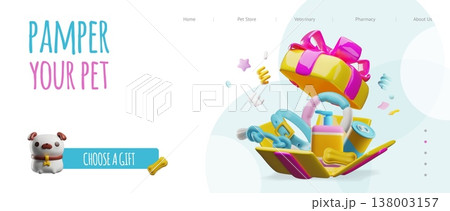 A 3D advertising banner for an online pet store featuring a gift box with accessories and a puppy. 138003157