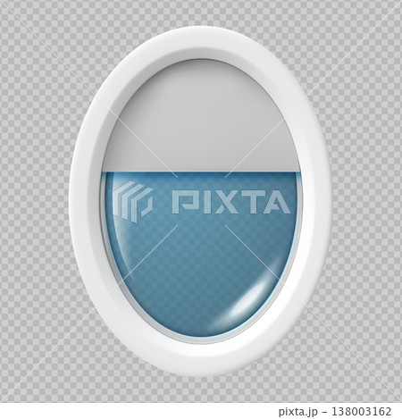 Airplane window, porthole with open glass inside view, 3D vector illuminator oval window and fuselage glass porthole Airplane window, porthole with open glass inside view, 3D vector illuminator oval window and fuselage glass porthole 138003162