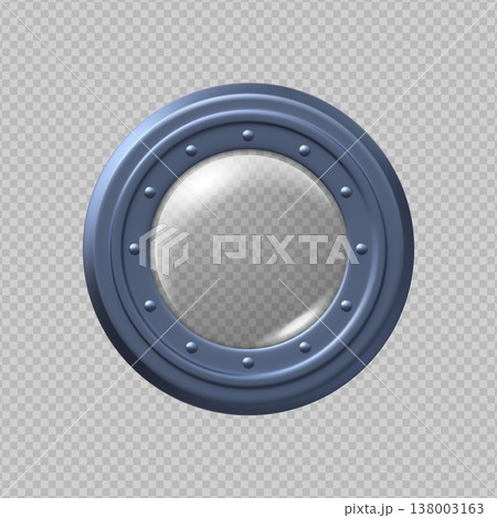 Blue, round, metal porthole with rivets and glass on a transparent, isolated background. Blue, round, metal porthole with rivets and glass on a transparent, isolated background. 138003163