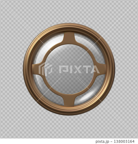 Submarine window porthole, vector realistic 3D round window with decorative bronze frame and glass, hole fuselage 138003164