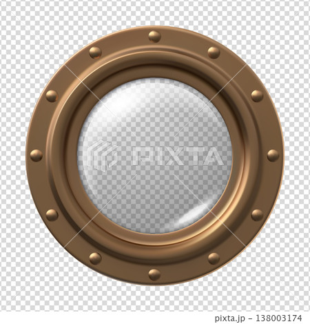 Submarine window porthole, vector realistic 3D round glass window with bronze frame, glass and rivets, hole fuselage Submarine window porthole, vector realistic 3D round glass window with bronze frame, glass and rivets, hole fuselage 138003174