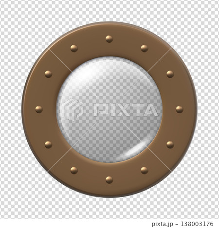 Brown metal frame with rivets, porthole window, isolated transparent background. Brown metal frame with rivets, porthole window, isolated transparent background. 138003176
