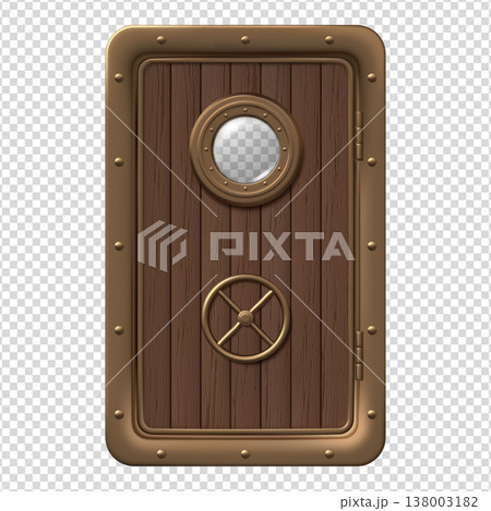 Submarine door with circular wheel lock and round window porthole, vector realistic 3D wooden bunker hopper door closed Submarine door with circular wheel lock and round window porthole, vector realistic 3D wooden bunker hopper door closed 138003182