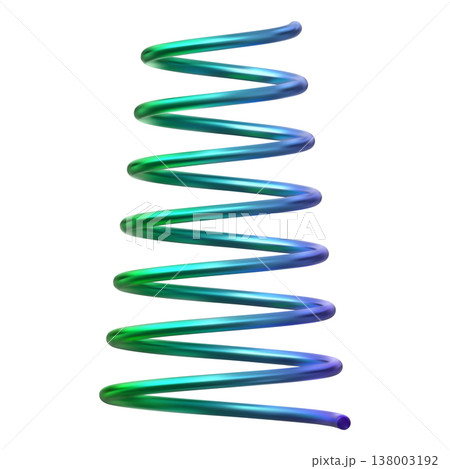 A futuristic, cone-shaped, anodized metal spring in green and blue. 138003192