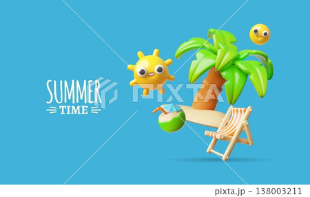 Summer time 3D plastic style vector banner design, beach chair, palm tree, coconut cocktail, sun and smiley emoticons 138003211