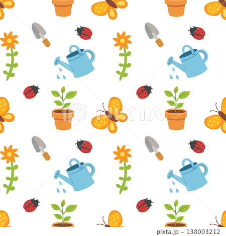 Gardening seamless pattern with watering can and ladybug 138003212