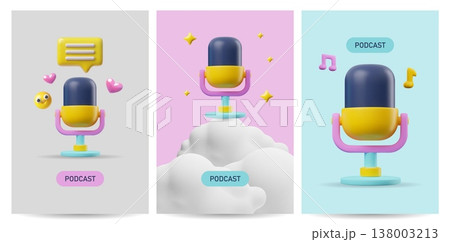 Podcast posters 3D plastic style vector designs set, cartoon microphone with speech bubble message musical notes, clouds 138003213