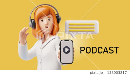 A banner featuring a 3D woman with headphones holding a smartphone with a play icon. A banner featuring a 3D woman with headphones holding a smartphone with a play icon. 138003217
