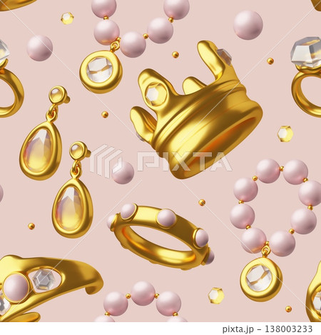 Seamless 3D pattern of golden crowns, rings, earrings, pearl beads, and tiaras. Seamless 3D pattern of golden crowns, rings, earrings, pearl beads, and tiaras. 138003233