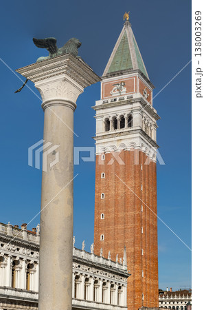 Winged lion column and bell tower in Venice Winged lion column and bell tower in Venice 138003269