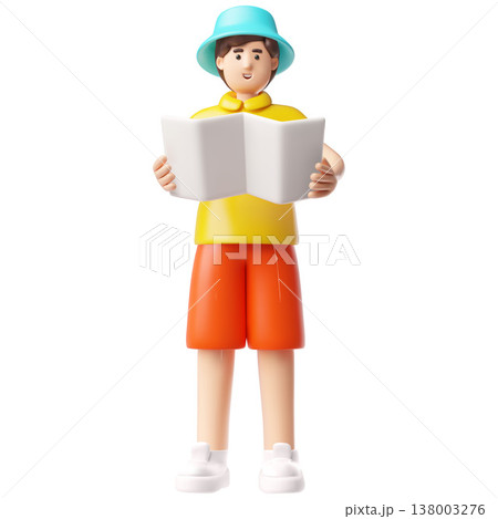 Brunette man wear shorts and hat study the map, 3D vector cartoon happy tourist guy on the vacation trip, time to travel 138003276
