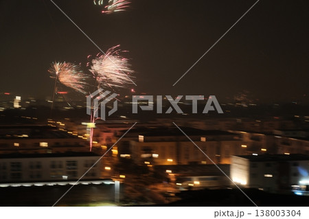 colorful fireworks with reflection on city 138003304