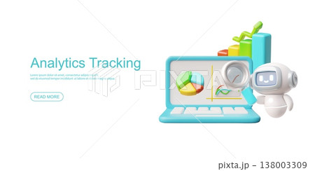 Analytics tracking realistic 3D vector web banner, chatbot robot with magnifying glass research business infographic 138003309