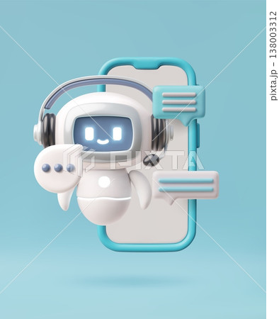 Chatbot robot and speech bubbles with microphone and headphones in smartphone, vector 3D support service and assistance Chatbot robot and speech bubbles with microphone and headphones in smartphone, vector 3D support service and assistance 138003312