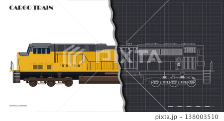 Isolated diesel cargo train. 3d drawing of yellow locomotive. Railway delivery. Outline blueprint. Side, top and front railroad vehicle view 138003510