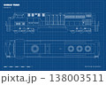 Diesel cargo train. Outline drawing of locomotive. Linear industrial blueprint. Railway delivery. Side, top and front railroad vehicle view 138003511