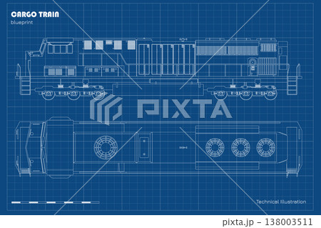 Diesel cargo train. Outline drawing of locomotive. Linear industrial blueprint. Railway delivery. Side, top and front railroad vehicle view 138003511