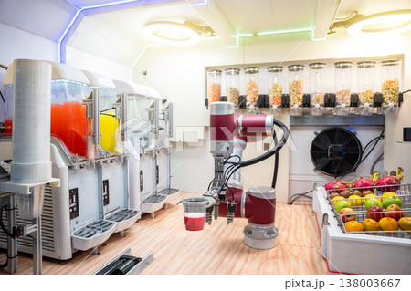 Automated Beverage Production: Robotic Arm Serving Colorful Tropical Juice in smart factory, food industry, manufacturing technology. Automated Beverage Production: Robotic Arm Serving Colorful Tropical Juice in smart factory, food industry, manufacturing technology. 138003667