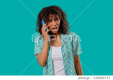 Annoyed Young African Teen Girl Quarreling Talking On Mobile Phone. Angry Lady 138003717
