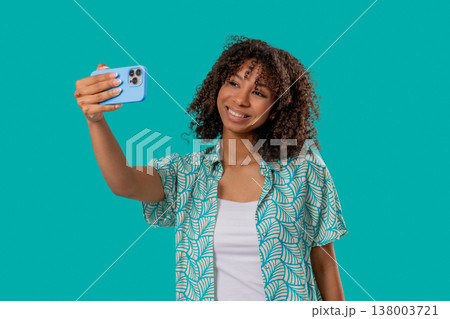 Happy African American Teenager Girl Talking Camera As Video Call, Makes Selfie 138003721