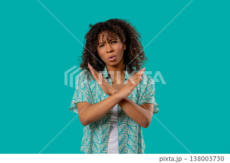 No, Never, Pretty African Woman Disliking, Rejecting By Stop Crossing Hands No, Never, Pretty African Woman Disliking, Rejecting By Stop Crossing Hands 138003730