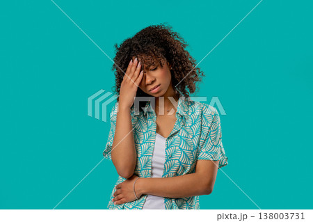 Worried Confused African Teenage Girl, No, Forgot. Girl Feeling Sorrow, Regret, Failure. Bad memory, blue studio 138003731