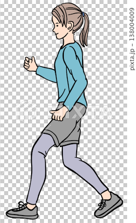 ウォーキングする若い女性のイラスト 横向き ウォーキングする若い女性のイラスト 横向き 138004009