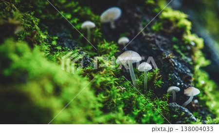 Beautiful small inedible mushrooms on a tree in green moss. Beautiful green natural macro landscape with mushrooms. Inedible mushrooms. Macro photography group of mushrooms on the tree. Wild nature Beautiful small inedible mushrooms on a tree in green moss. Beautiful green natural macro landscape with mushrooms. Inedible mushrooms. Macro photography group of mushrooms on the tree. Wild nature 138004033