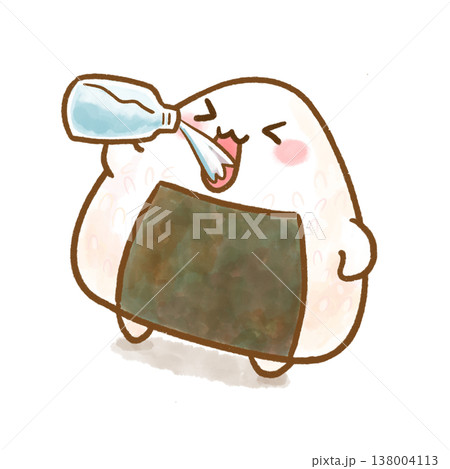 ペットボトルの水を飲むおにぎり。背景透過・白バック。熱中症対策、水分補給、外遊び、運動会の練習、保健 138004113