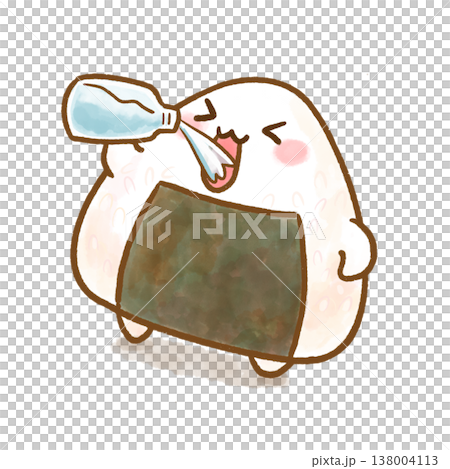 ペットボトルの水を飲むおにぎり。背景透過・白バック。熱中症対策、水分補給、外遊び、運動会の練習、保健 138004113