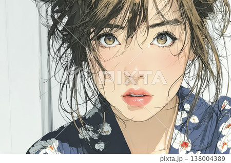 美優シリーズ：花柄の浴衣を着た若い女性のポートレートイラスト素材 138004389