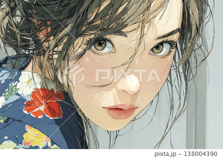 美優シリーズ：花柄の浴衣を着た若い女性の顔アップポートレートイラスト素材 138004390