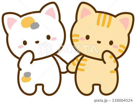 手をつなぐ猫、三毛猫とオレンジ色の茶トラネコ 手をつなぐ猫、三毛猫とオレンジ色の茶トラネコ 138004524
