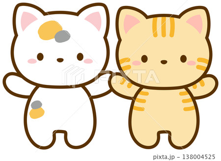 手をつなぐ三毛猫とオレンジ色の茶トラネコ、かわいい猫のイラスト素材 138004525
