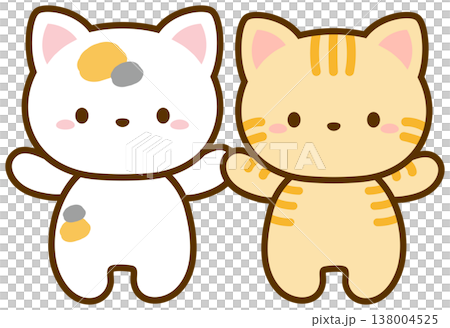 手をつなぐ三毛猫とオレンジ色の茶トラネコ、かわいい猫のイラスト素材 138004525