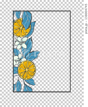 Rectangular frame with yellow citrus slices, white flowers and blue leaves along one side in original hand drawn illustration Rectangular frame with yellow citrus slices, white flowers and blue leaves along one side in original hand drawn illustration 138004745