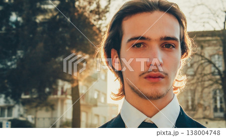 Young confident businessman looking to the camera, outdoors. Portrait of the Handsome White man with brown hair,  in the city, on summer. Stylish man in business suit, on the street. People lifestyle 138004748