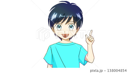 笑顔で説明、案内、紹介をしている夏服の男の子のアニメ風イラスト、白バック 138004854