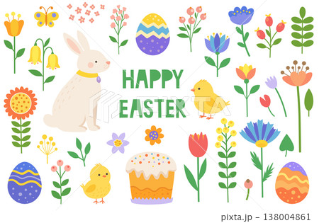 Abstract Easter Vector Set with Bunny, Chick, Eggs and Flowers Abstract Easter Vector Set with Bunny, Chick, Eggs and Flowers 138004861