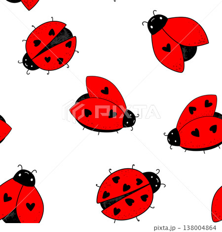 Cartoon kawaii ladybug baby seamless pattern. Background of Ladybirds with a cute hearts on wings. Vector illustration Cartoon kawaii ladybug baby seamless pattern. Background of Ladybirds with a cute hearts on wings. Vector illustration 138004864