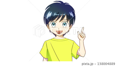 笑顔で説明、案内、紹介をしている夏服の男の子のアニメ風イラスト、白バック 138004889