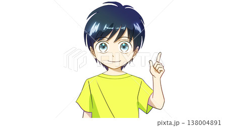 前向きな表情で説明、案内、紹介をしている夏服の男の子のアニメ風イラスト、白バック 138004891